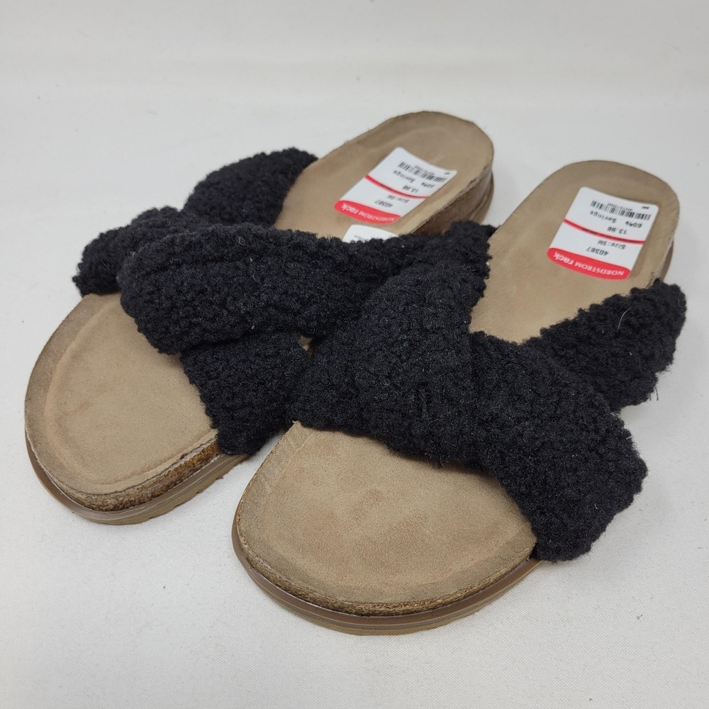 Slide Sandals Womens Size 9 Black Fuzzy Cross Strap Slip On‎ Casual Summer